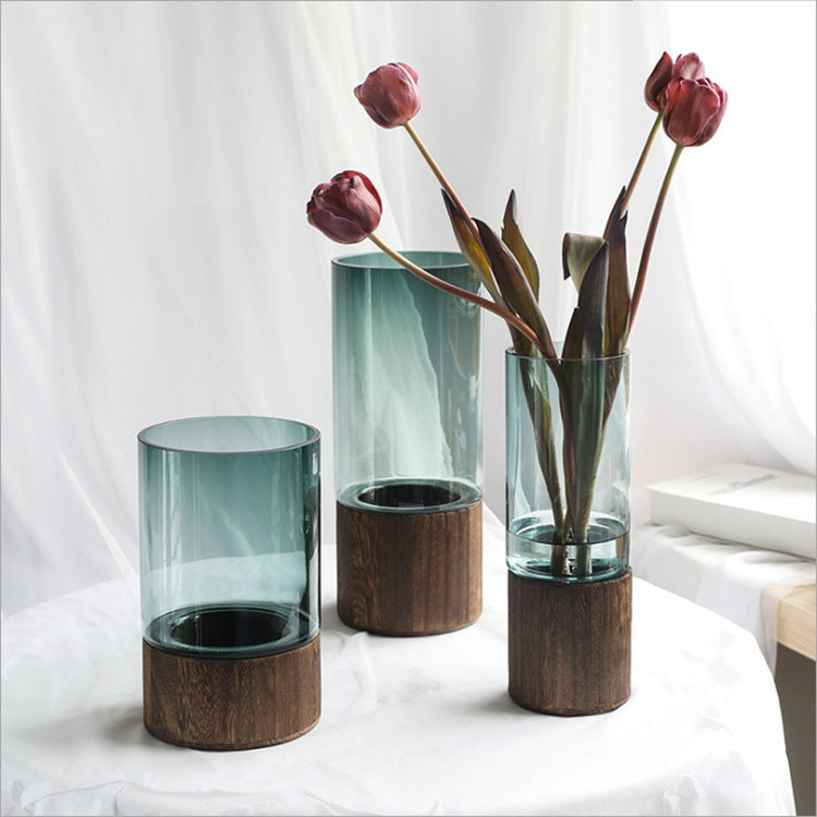Wooden Bottom Glass Vase
