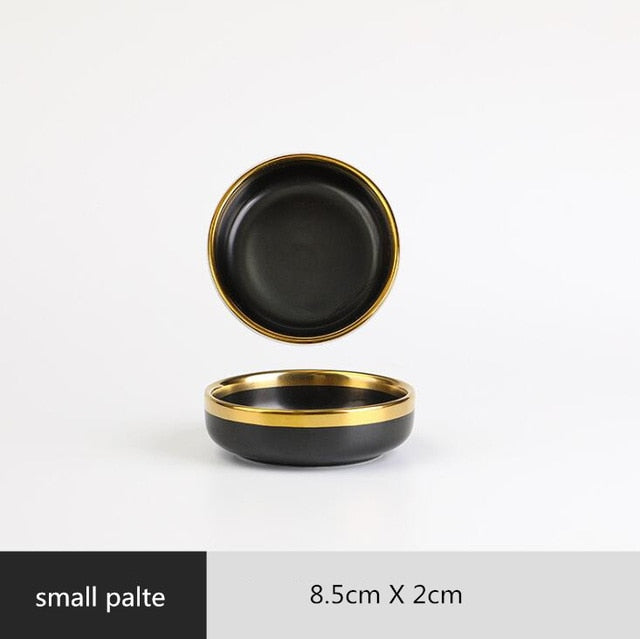 Golden Elegance: Ceramic Black with Gold Rim Dinnerware Set