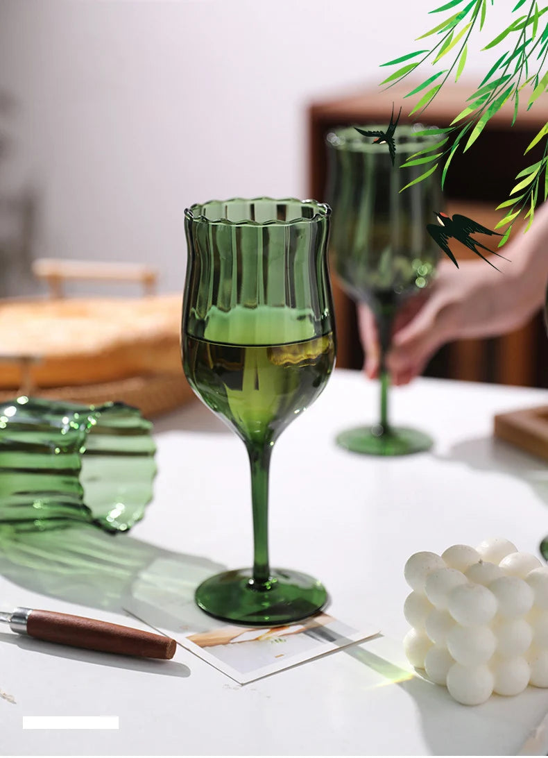 French Green Striped Wine Glass