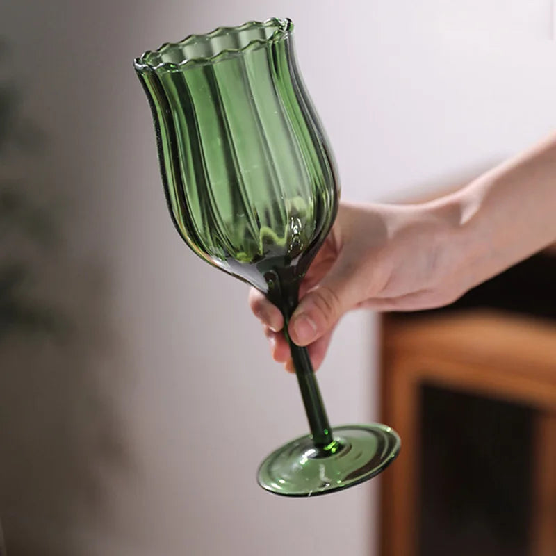 French Green Striped Wine Glass