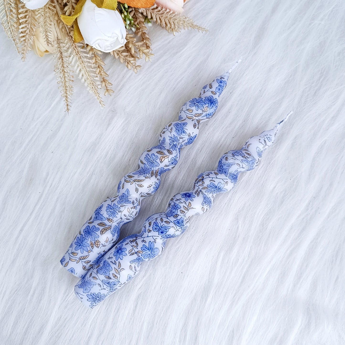 Blue Floral Taper Candles