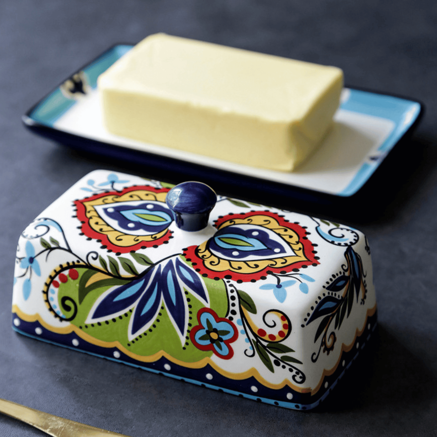 Vibrant Vessel: Colourful Pattern Ceramic Butter Dish
