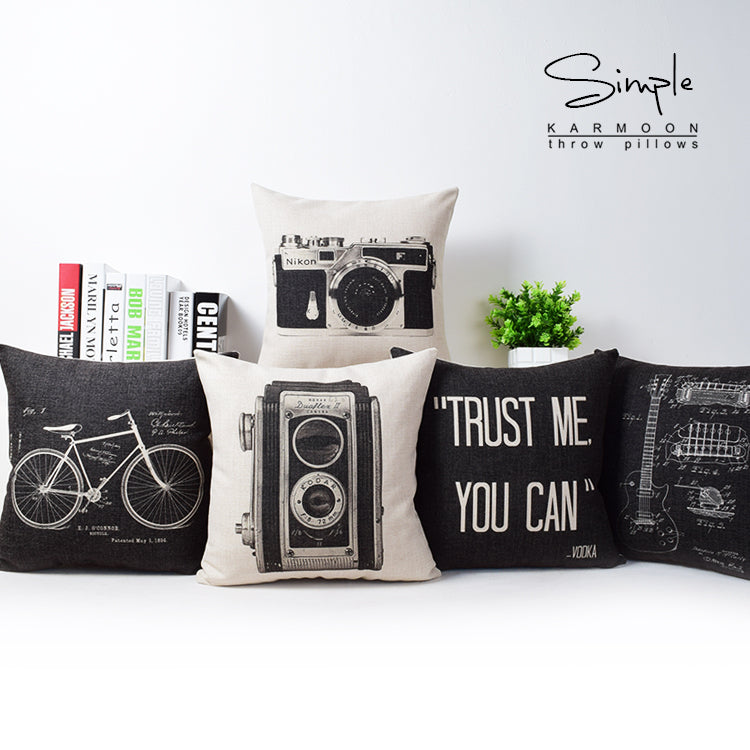 Vintage Camera Bicycle Cotton Linen Cushion