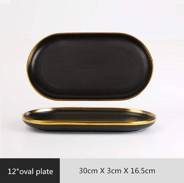 Golden Elegance: Ceramic Black with Gold Rim Bowl and Plate Cutlery Set