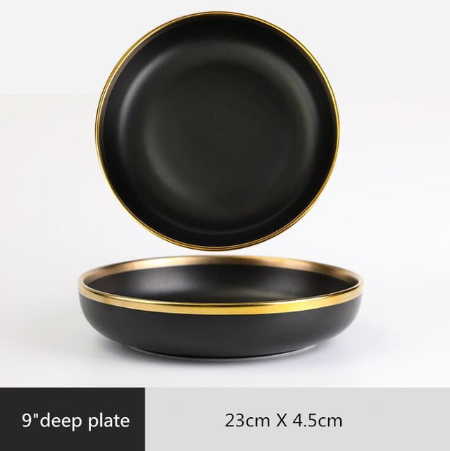 Golden Elegance: Ceramic Black with Gold Rim Bowl and Plate Cutlery Set