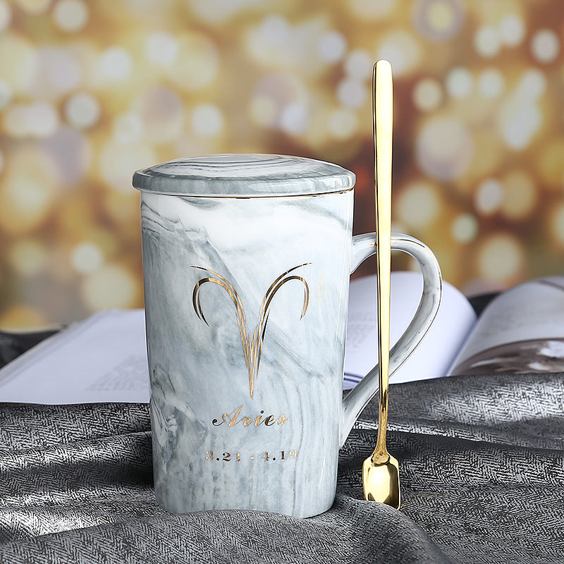 Zodiac Sips: Starsign Ceramic Water Cup with Lid and Spoon