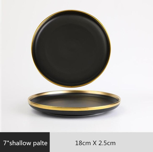 Golden Elegance: Ceramic Black with Gold Rim Bowl and Plate Cutlery Set