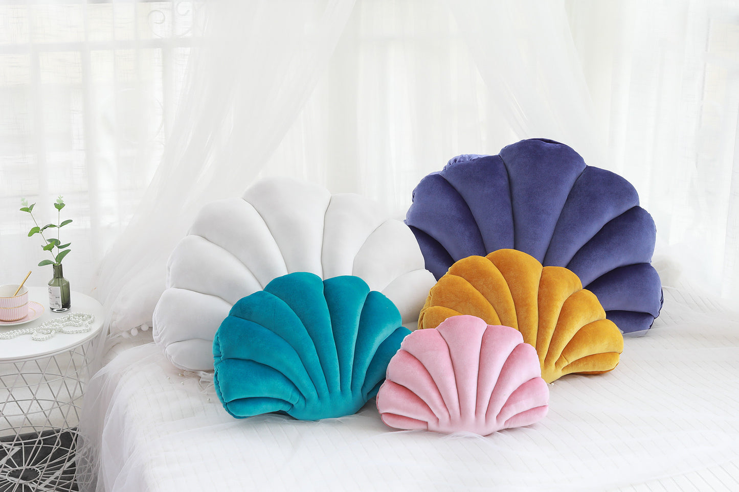 Ocean Bloom: Vibrant Shell-Shaped Cushions