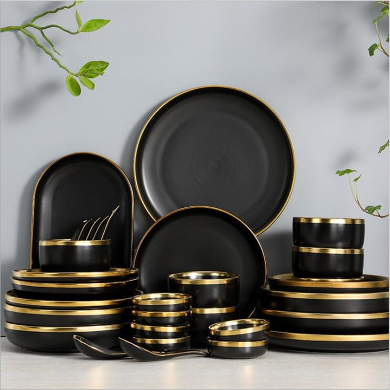 Golden Elegance: Ceramic Black with Gold Rim Bowl and Plate Cutlery Set