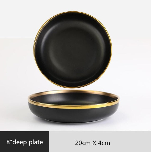 Golden Elegance: Ceramic Black with Gold Rim Bowl and Plate Cutlery Set