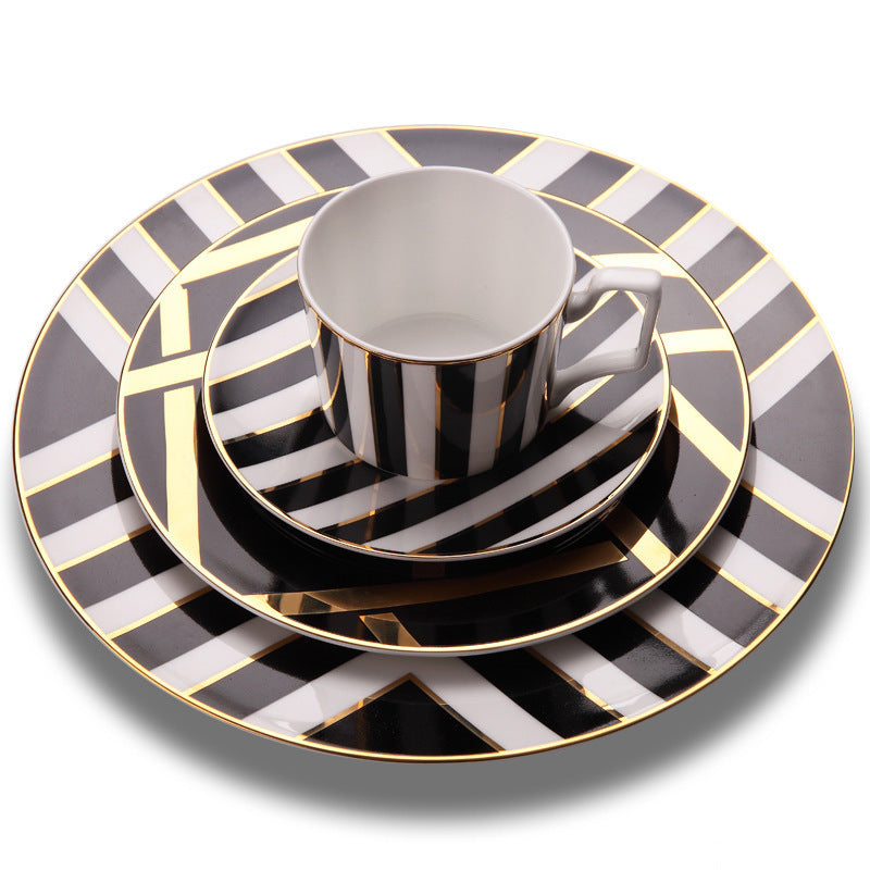 Art Deco-inspired Monochrome and Gold Dinnerware Set