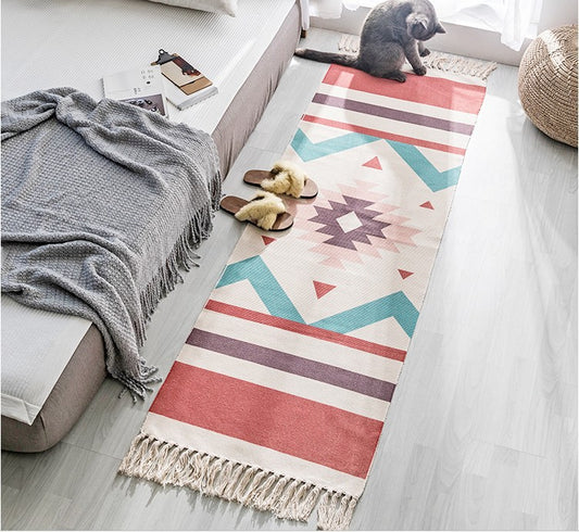 Boho Chic Geometric Haven: Hand-Woven Cotton Linen Rug