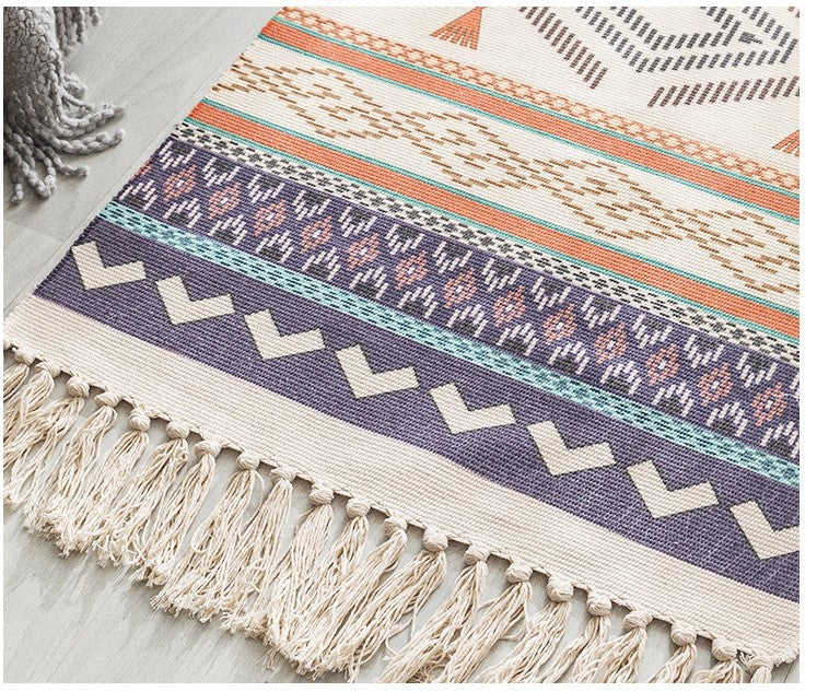 Boho Chic Geometric Haven: Hand-Woven Cotton Linen Rug