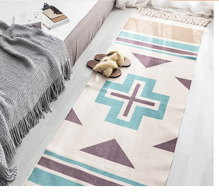 Boho Chic Geometric Haven: Hand-Woven Cotton Linen Rug