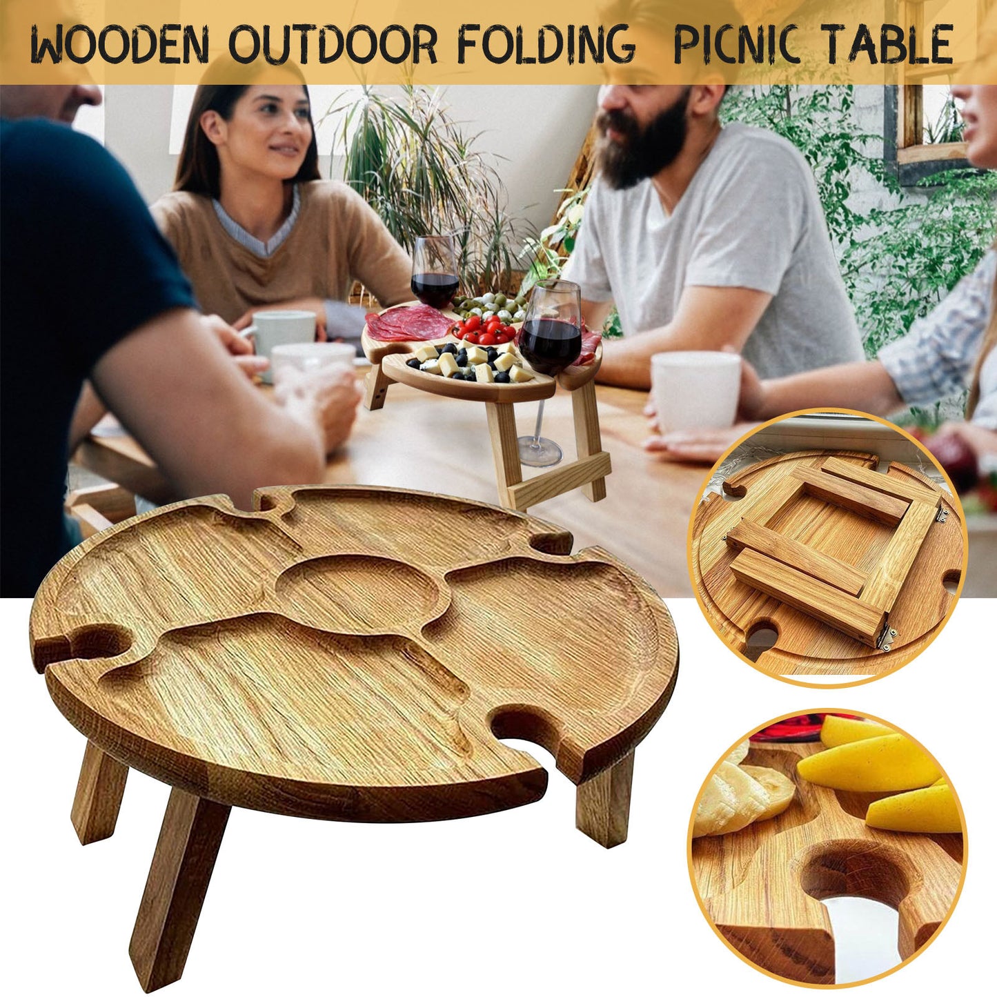 Wooden Folding Picnic-table With Glass Holder