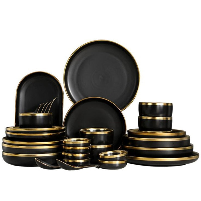 Golden Elegance: Ceramic Black with Gold Rim Bowl and Plate Cutlery Set