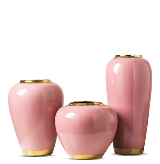 Blushing Elegance: Pink Ceramic Vase with Gold Trim