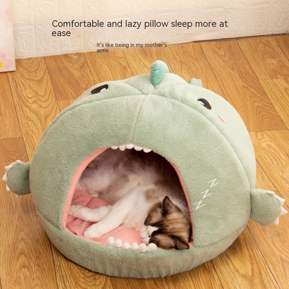 Dino Den: Semi-Closed Dinosaur Pet Bed