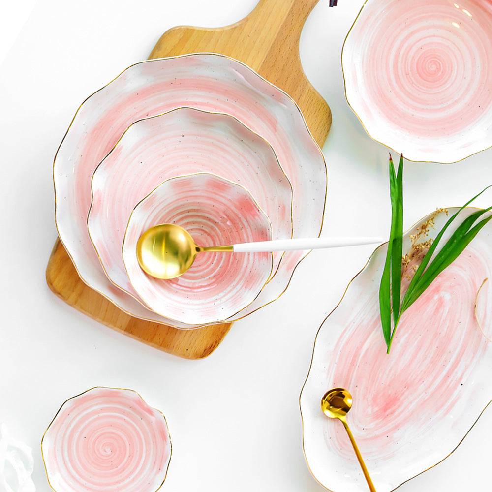 Blushing Petals: Irregular Ceramic Dessert Plate Set