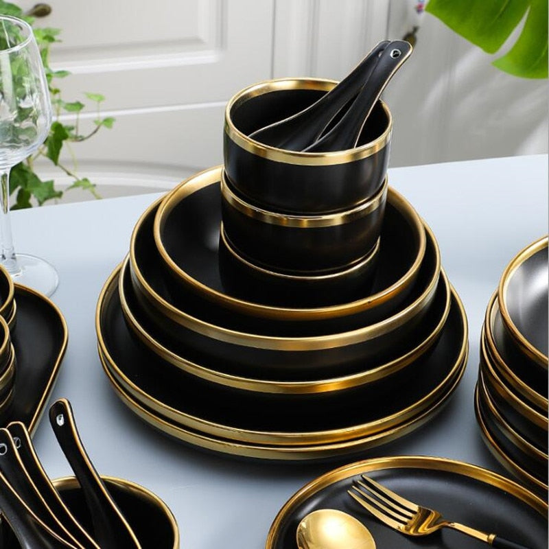 Golden Elegance: Ceramic Black with Gold Rim Bowl and Plate Cutlery Set