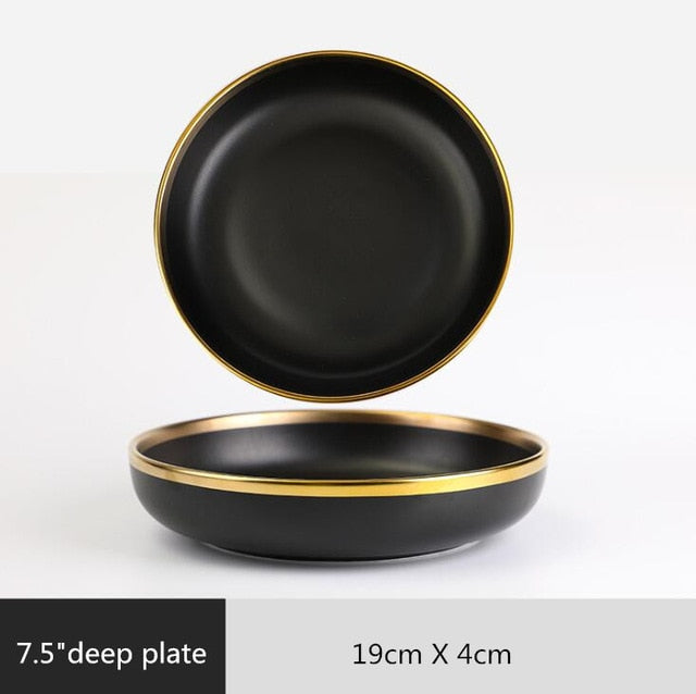 Golden Elegance: Ceramic Black with Gold Rim Bowl and Plate Cutlery Set