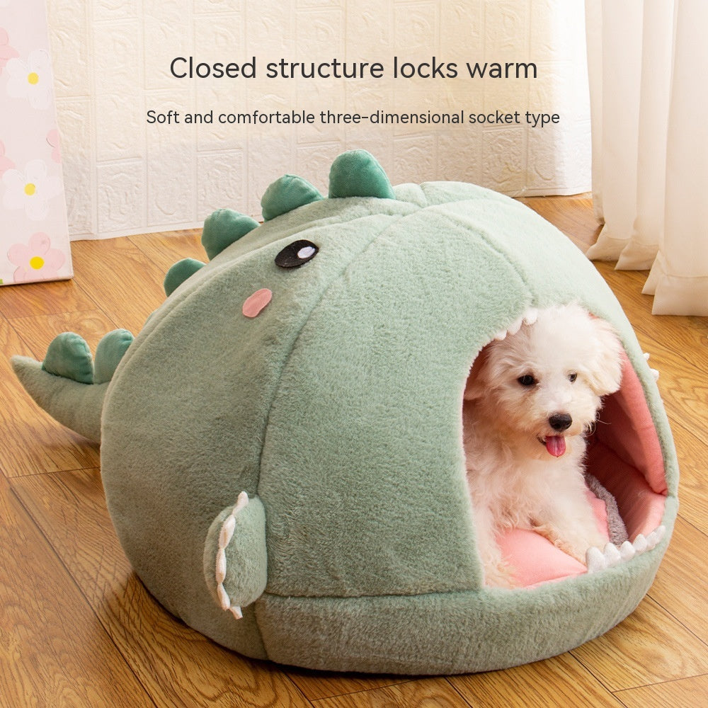 Dino Den: Semi-Closed Dinosaur Pet Bed