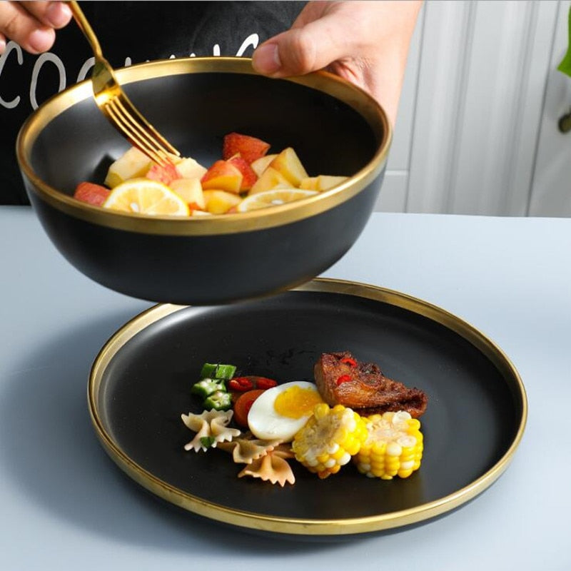 Golden Elegance: Ceramic Black with Gold Rim Bowl and Plate Cutlery Set