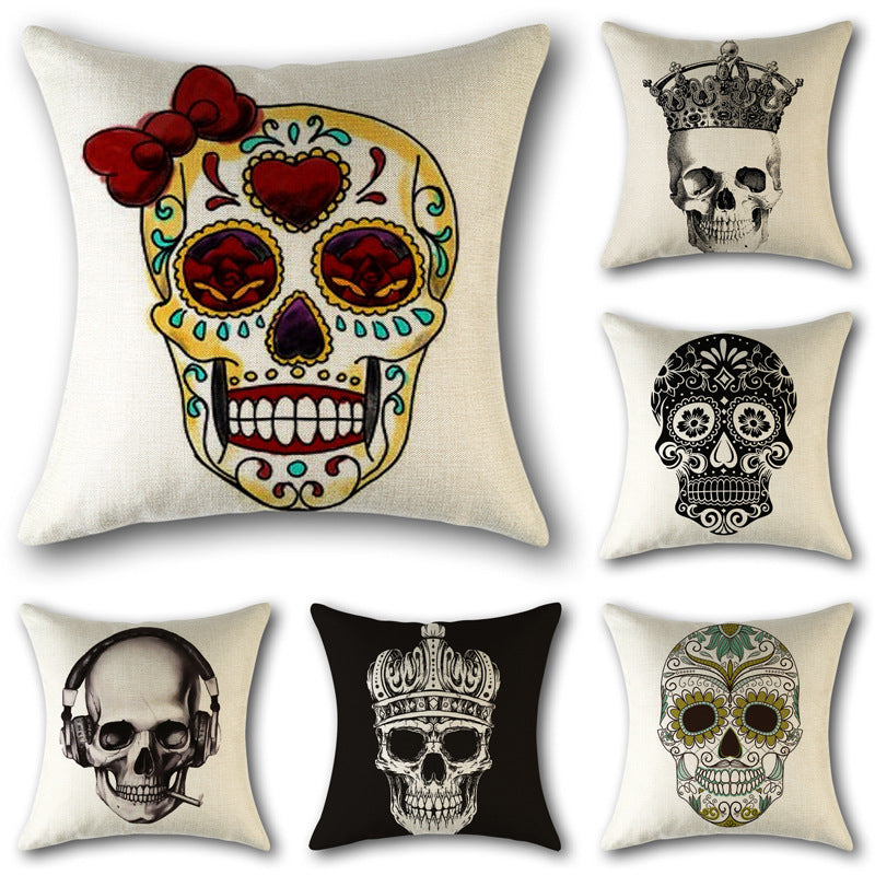 Skull Print Cotton Cushion Cover