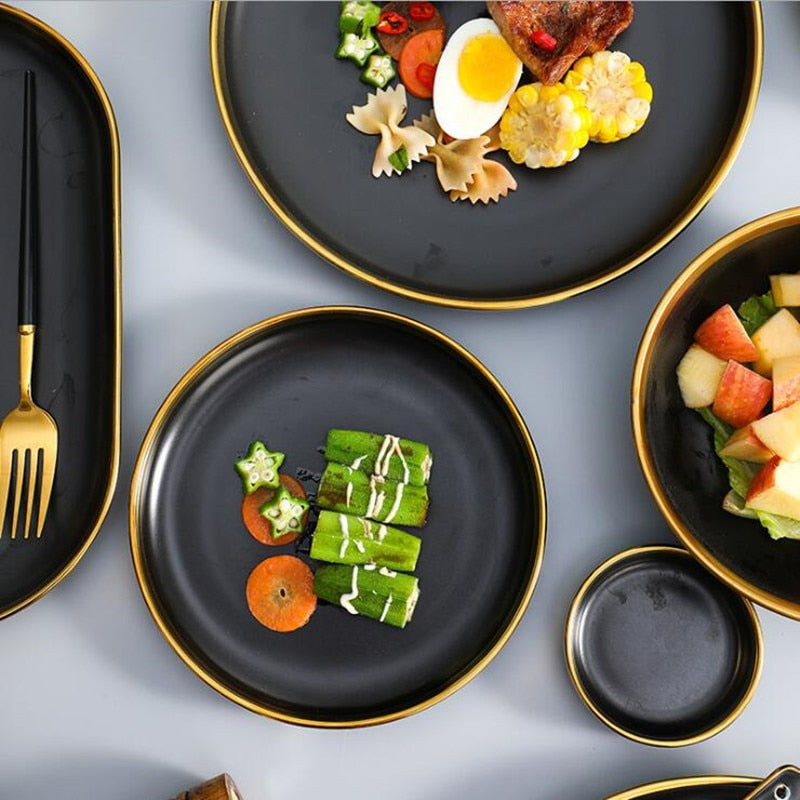 Golden Elegance: Ceramic Black with Gold Rim Bowl and Plate Cutlery Set