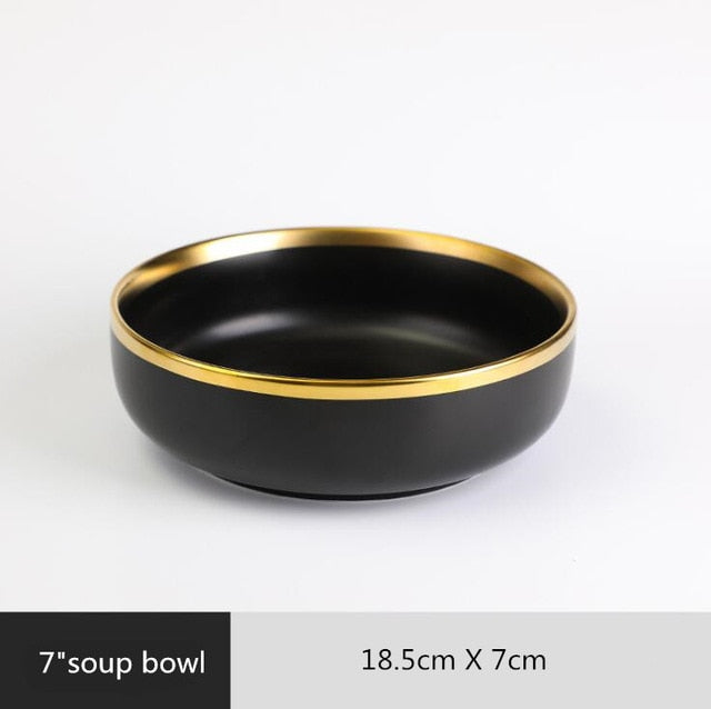 Golden Elegance: Ceramic Black with Gold Rim Bowl and Plate Cutlery Set