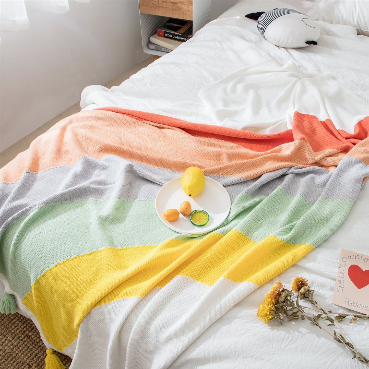 Rainbow Blanket Cute Tassel Home Sofa Knitted Woolen Blanket