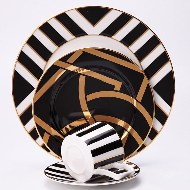 Art Deco-inspired Monochrome and Gold Dinnerware Set