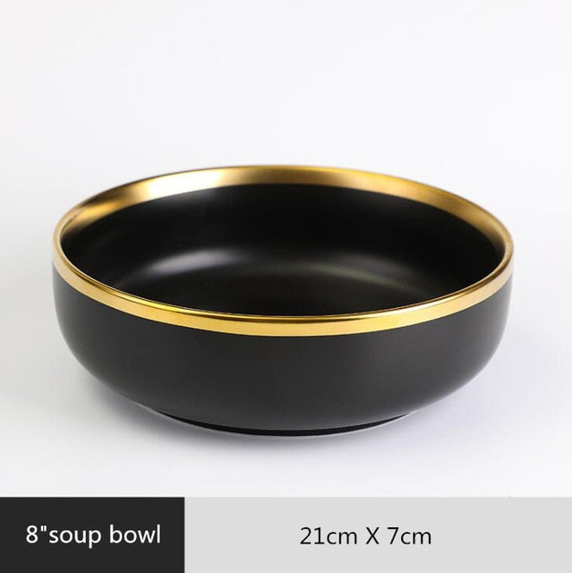 Golden Elegance: Ceramic Black with Gold Rim Bowl and Plate Cutlery Set