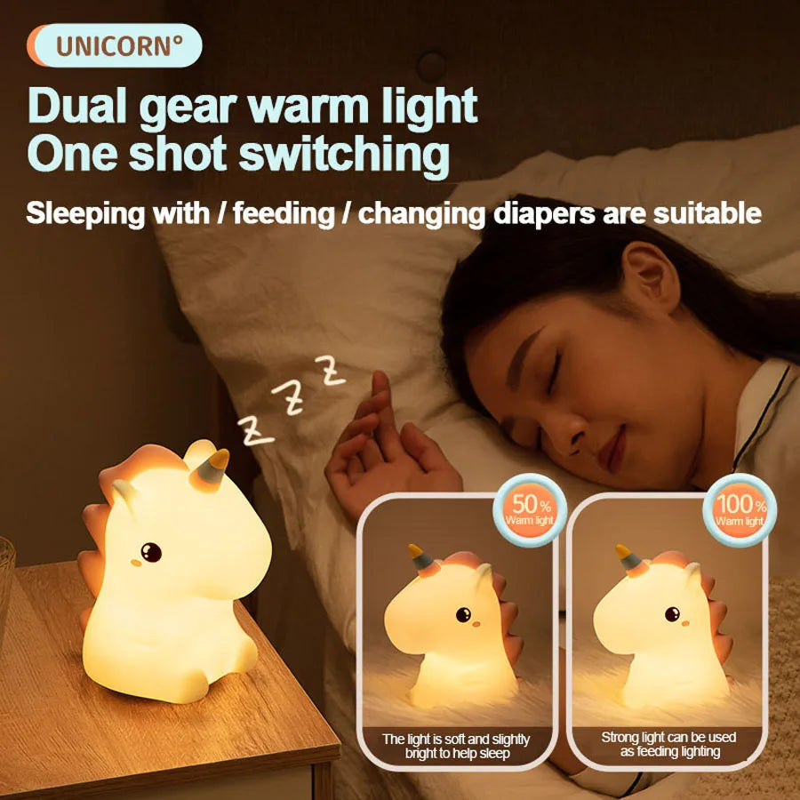 Unicorn Silicone LED Night Light – USB Rechargeable Touch Lamp for Kids' Bedroom