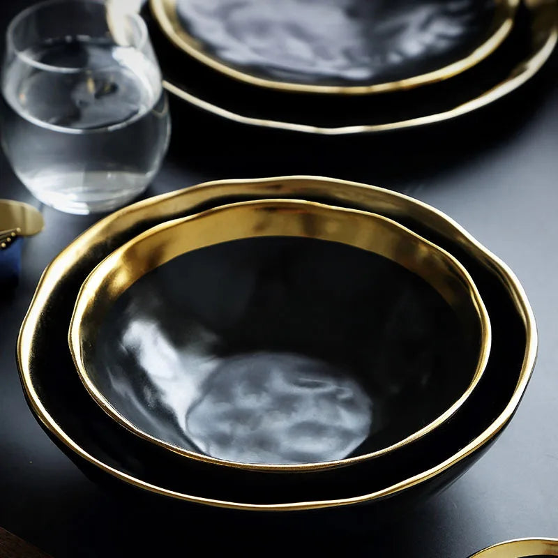 Opulent Elegance: Gold-Rimmed Monochrome Dinnerware