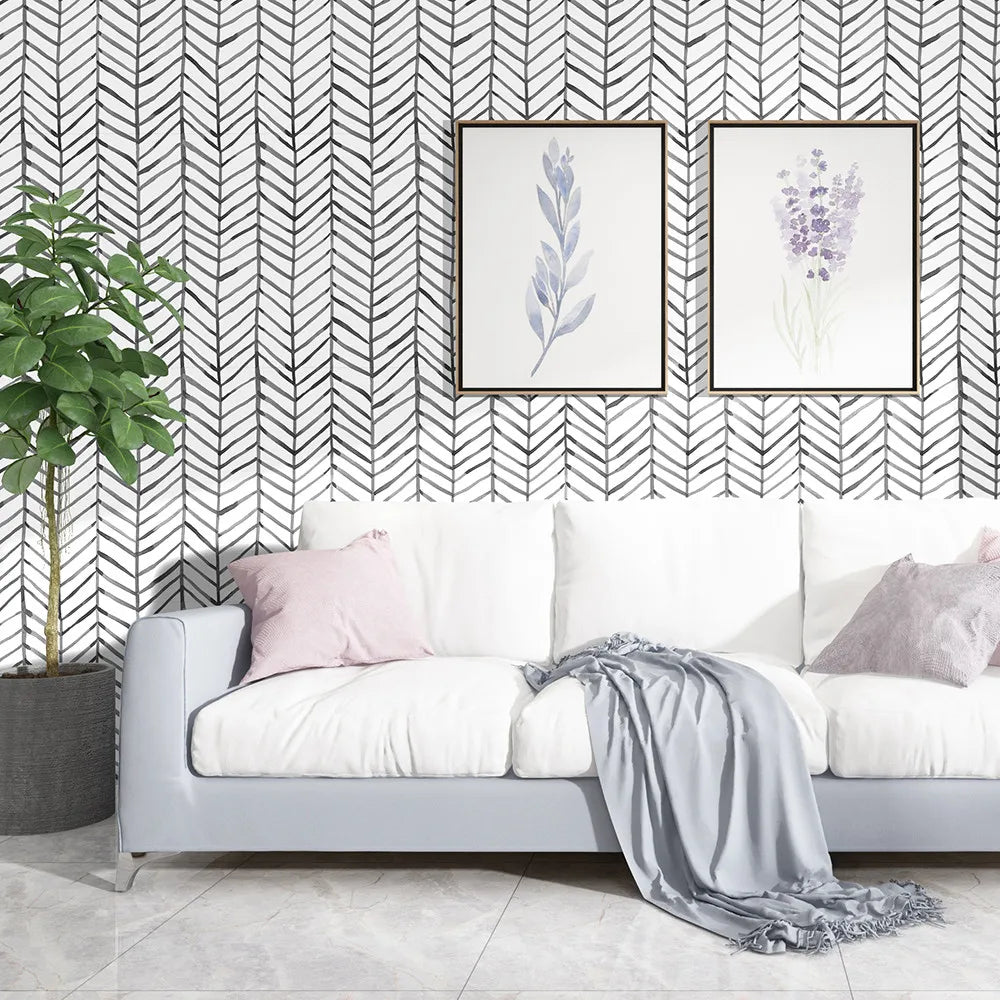 Herringbone Black White Vinyl Self Adhesive Wallpaper