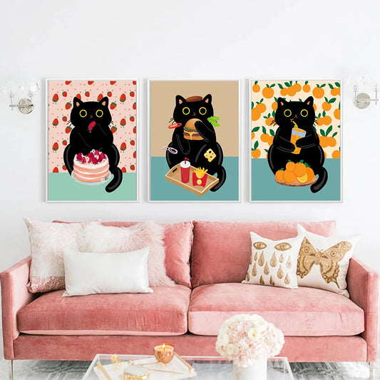 Whisker Wit: Playful Black Cat Feast Canvas Print