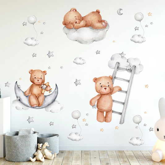 Adorable Cartoon Moon & Star Sleepy Bear Wall Stickers