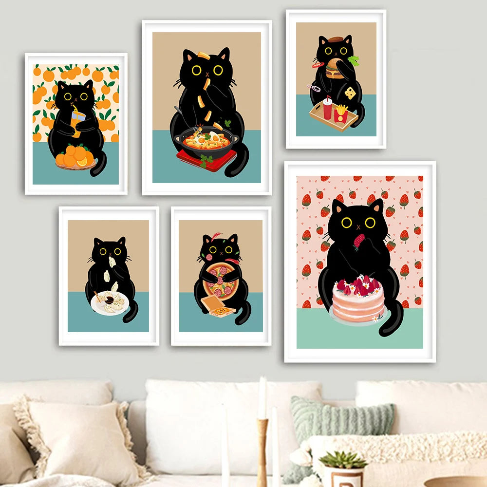 Whisker Wit: Playful Black Cat Feast Canvas Print