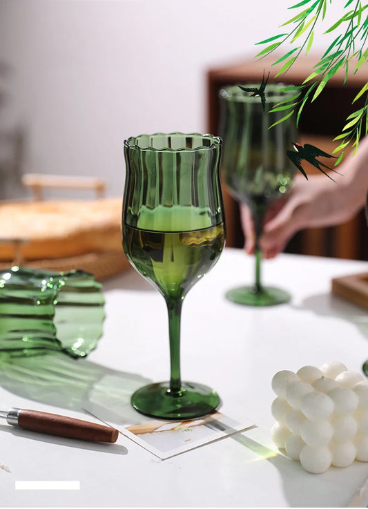 French Green Striped Wine Glass
