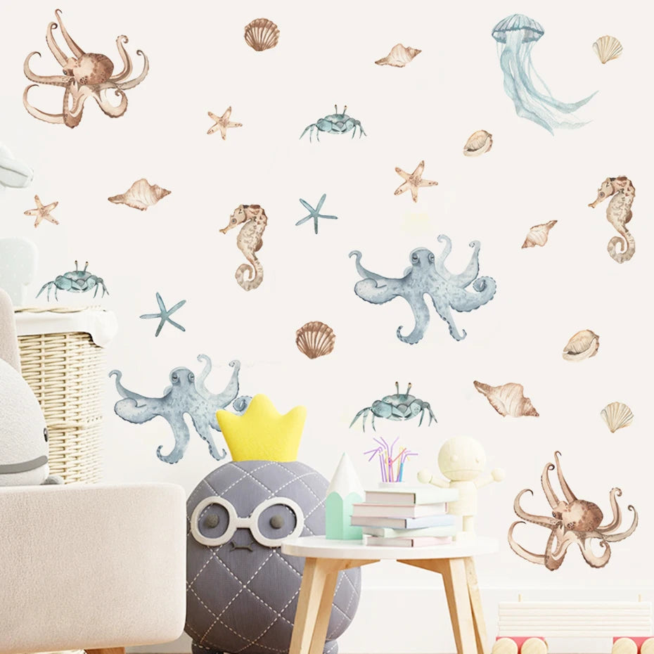 Underwater Wonders: Hand-Drawn Watercolour Wall Sticker Set