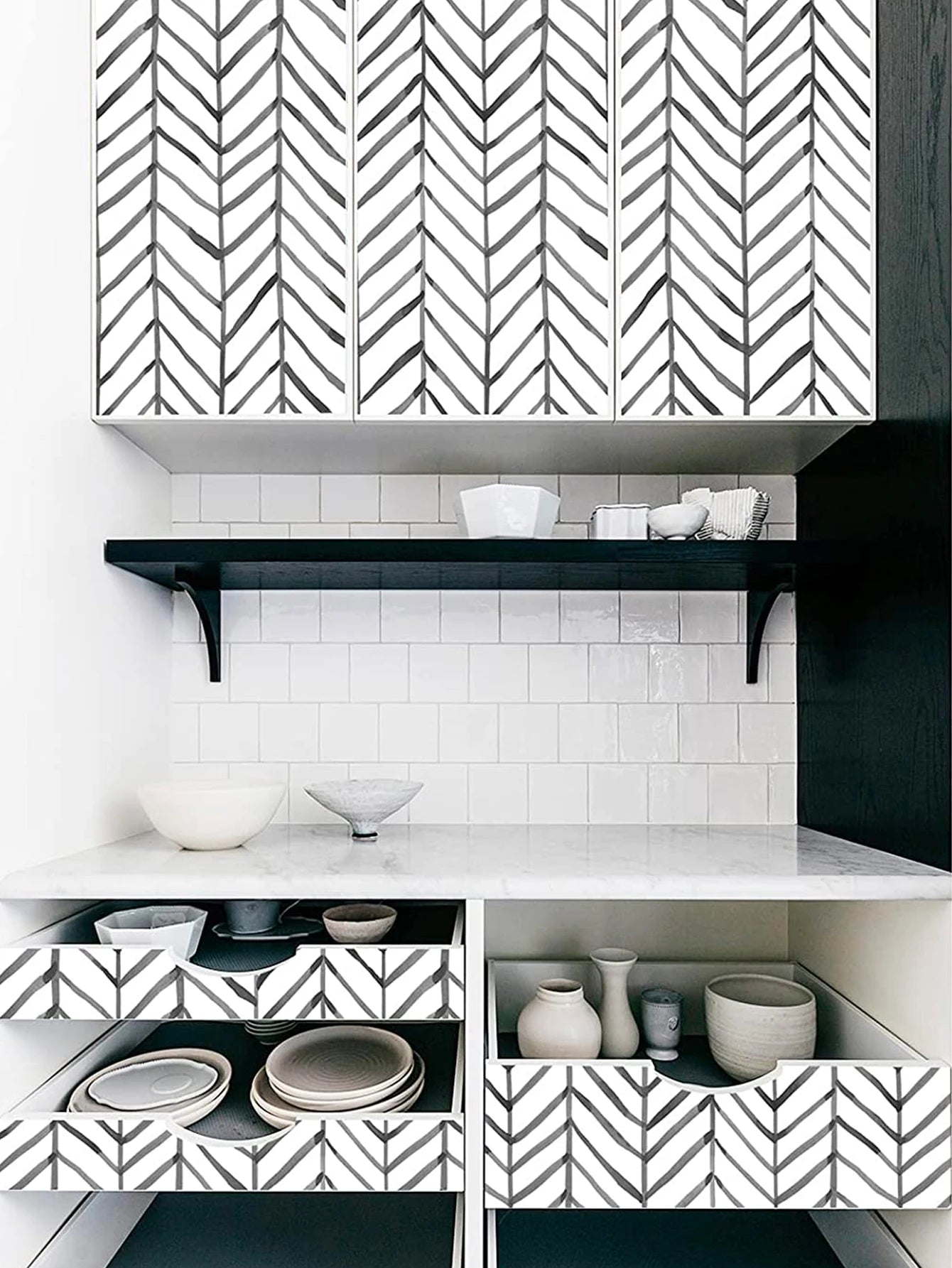 Herringbone Black White Vinyl Self Adhesive Wallpaper