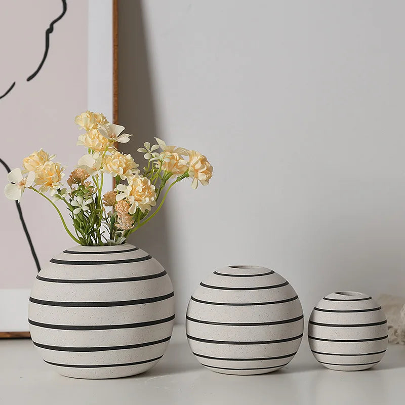 Monochrome Elegance: Ceramic Round Vase with Black Stripe