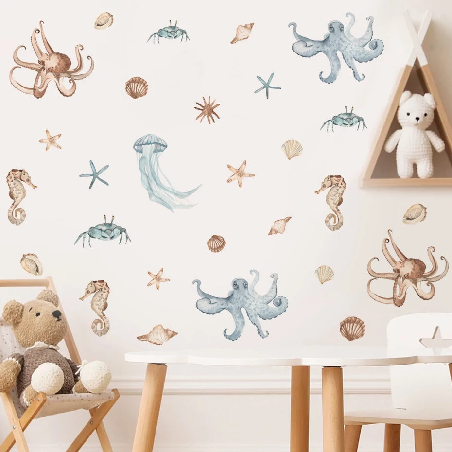 Underwater Wonders: Hand-Drawn Watercolour Wall Sticker Set