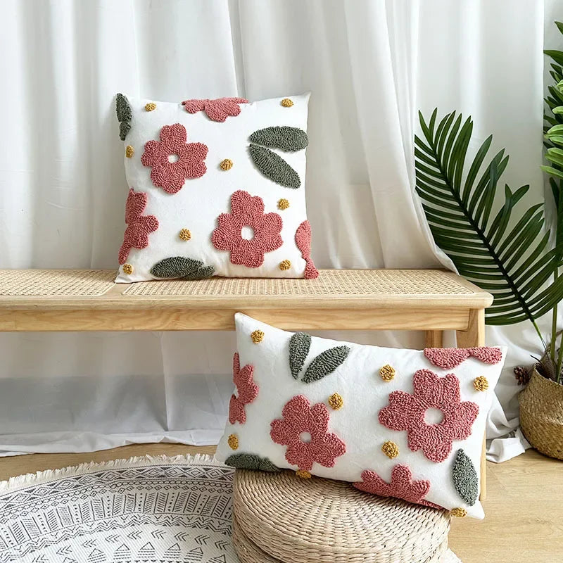 Nordic Bloom Pink Plant Embroidered Pillowcase