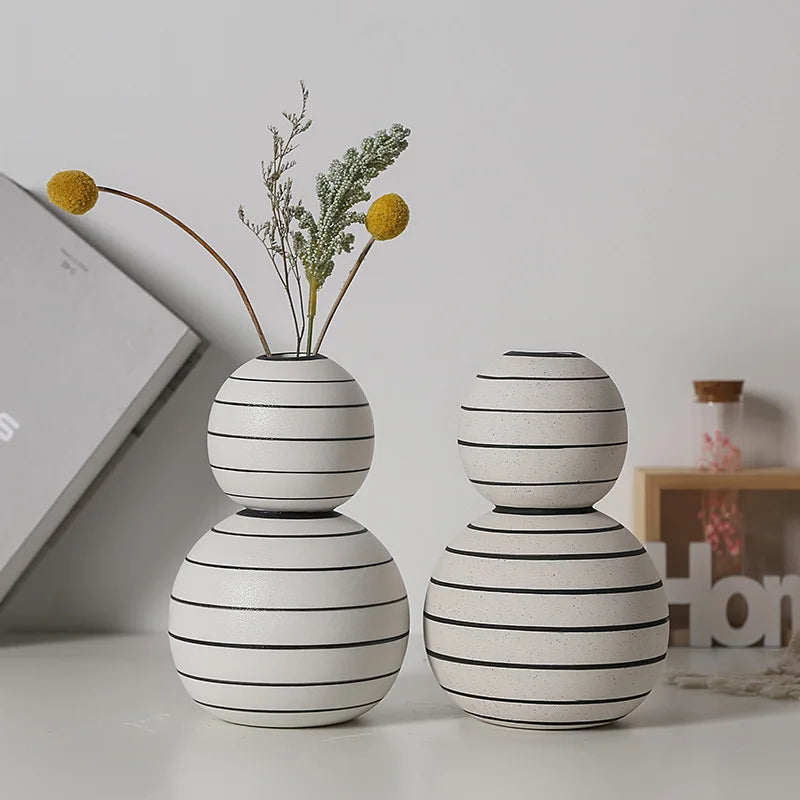 Monochrome Elegance: Ceramic Round Vase with Black Stripe