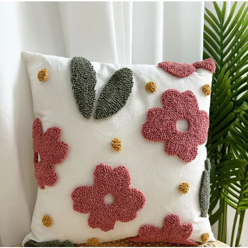 Nordic Bloom Pink Plant Embroidered Pillowcase