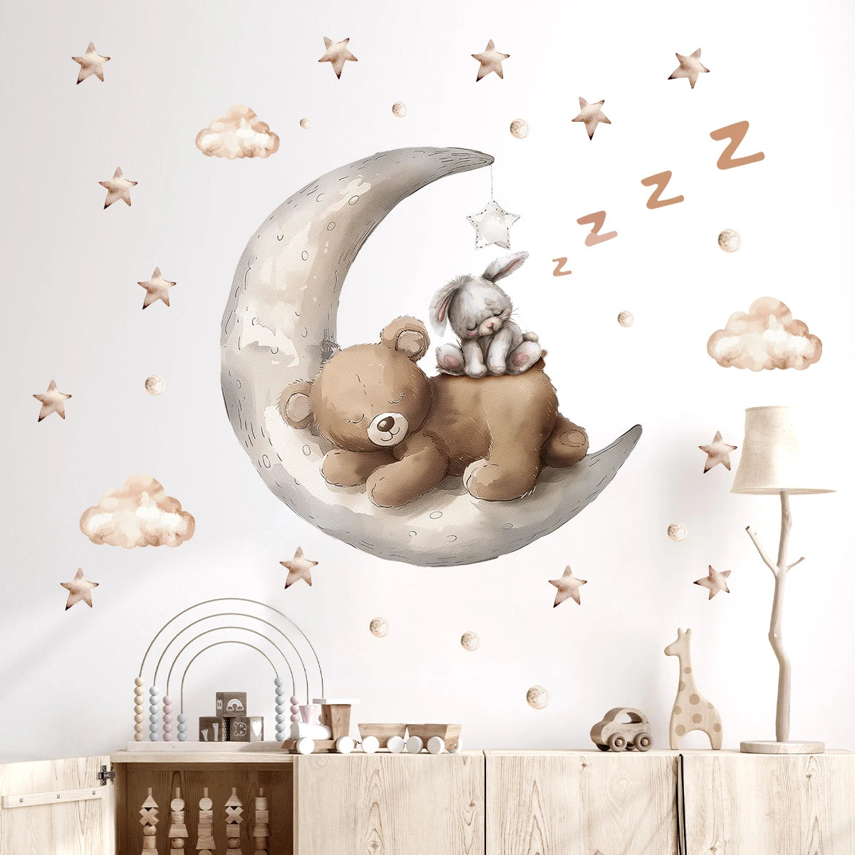 Adorable Cartoon Moon & Star Sleepy Bear Wall Stickers