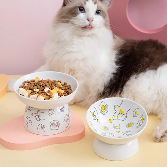 Purrfect Perch: Elevated Cartoon Cat Feeding Bowl