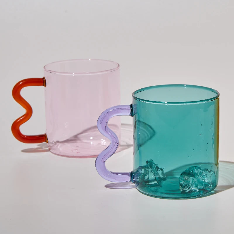 Rainbow Ripple: The Vibrant Wavy-Handled Clear Mug